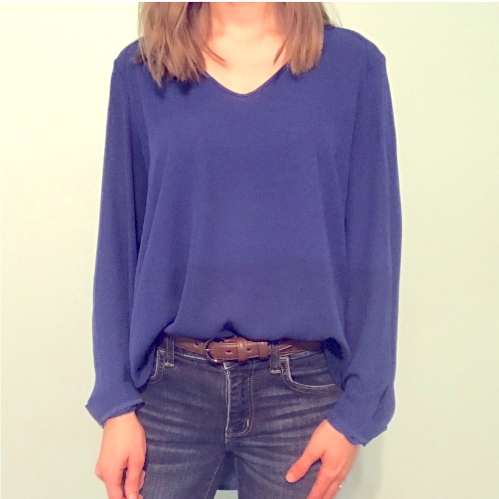 Lush Cobalt Blue V-Neck Long Sleeve Blouse